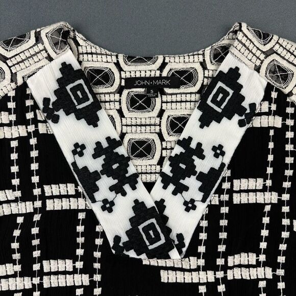 John Mark Top Women Small Black Anastasia Embroidered Aztec Geometric Blouse NEW - Picture 3 of 16